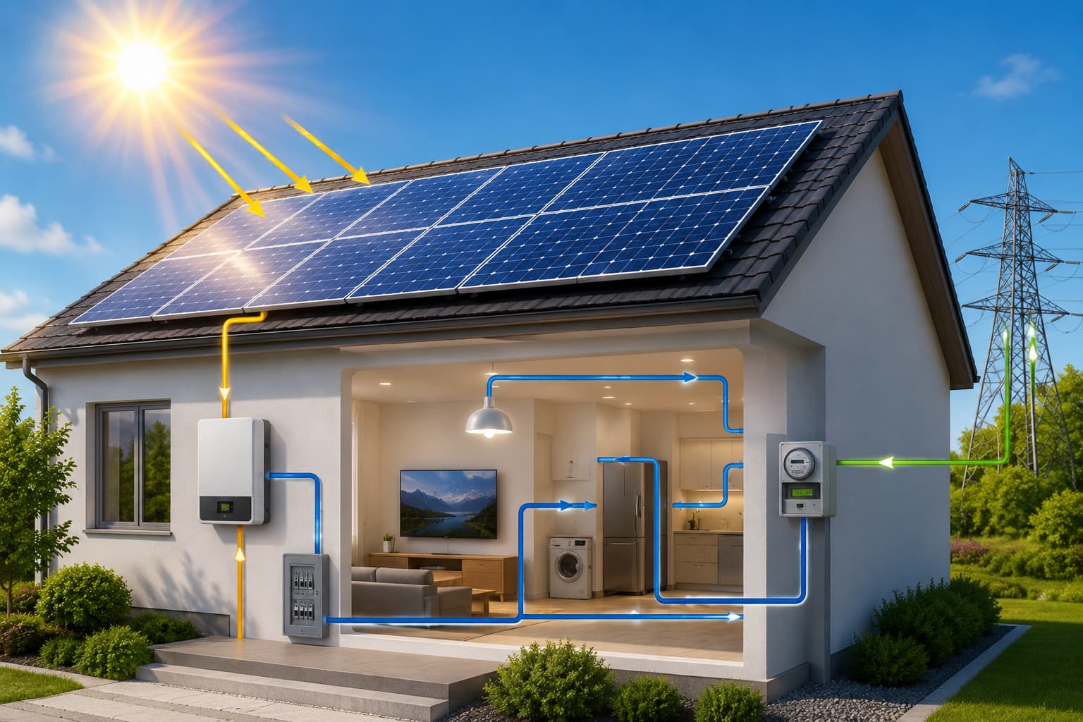 Residential neighborhood with rooftop solar panels